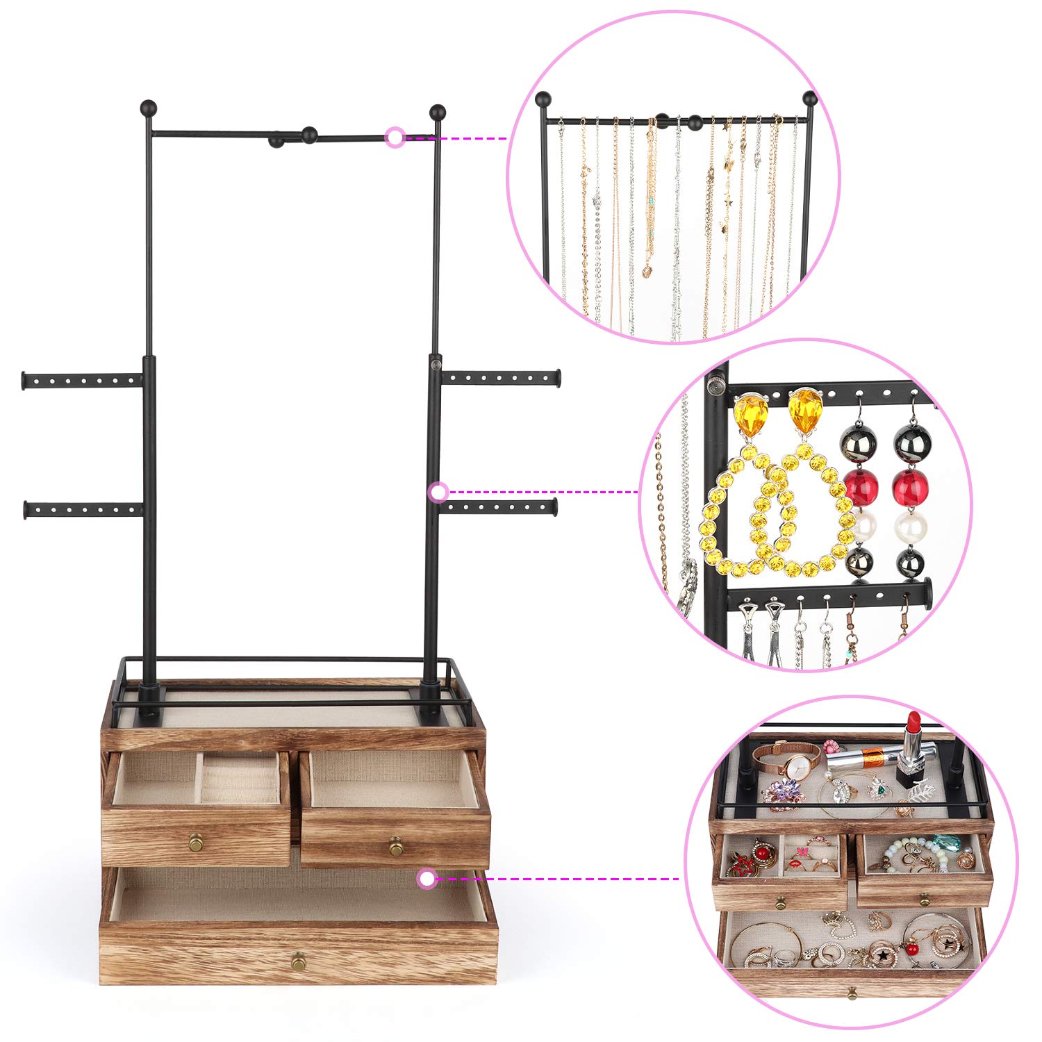 Jewelry Organizer - 2 Layer Wooden Jewelry Drawer Storage Box with 6 Tier Jewelry Tree Stand, Jewelry Display for Necklaces Bracelet Earring Ring Olakee