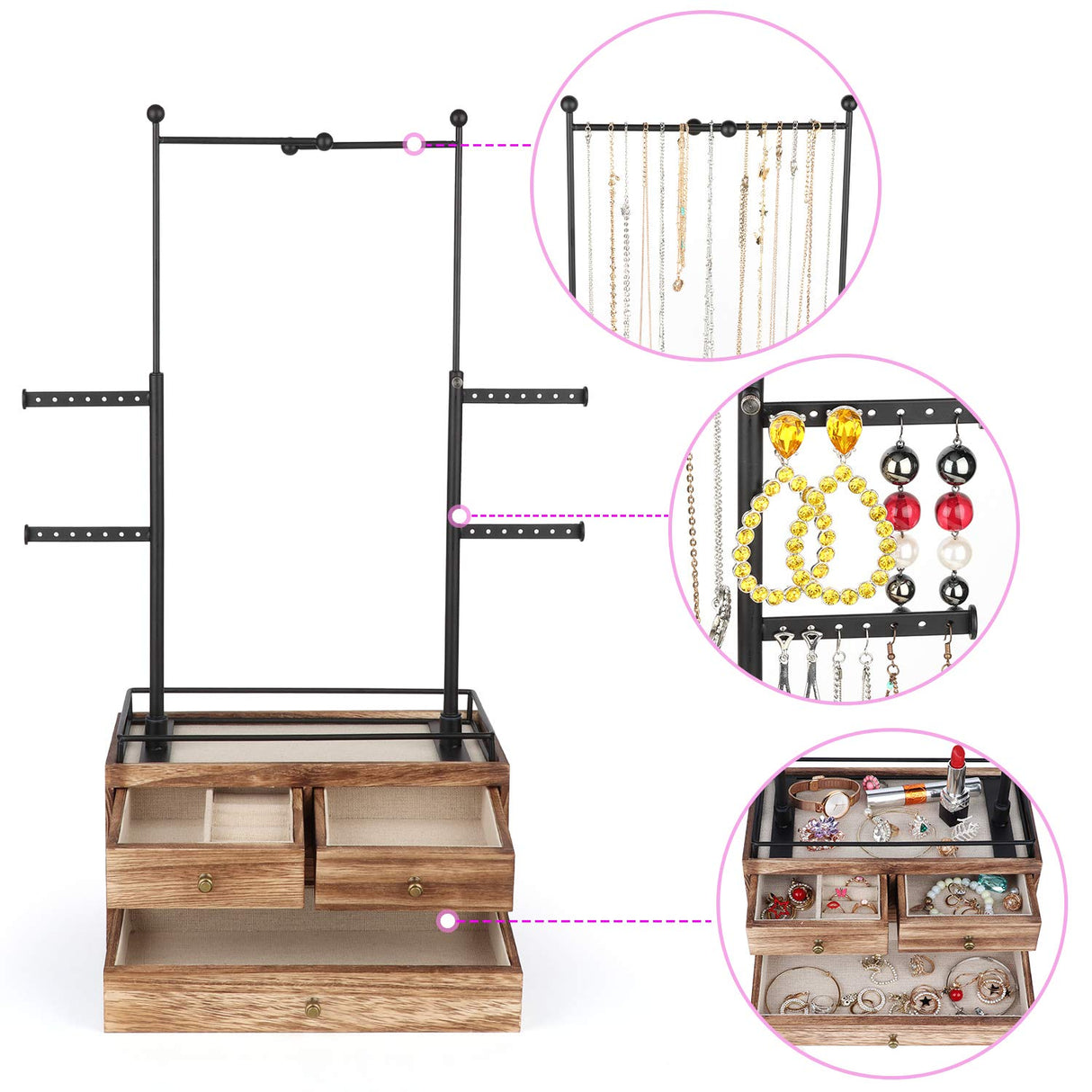 Jewelry Organizer - 2 Layer Wooden Jewelry Drawer Storage Box with 6 Tier Jewelry Tree Stand, Jewelry Display for Necklaces Bracelet Earring Ring Olakee