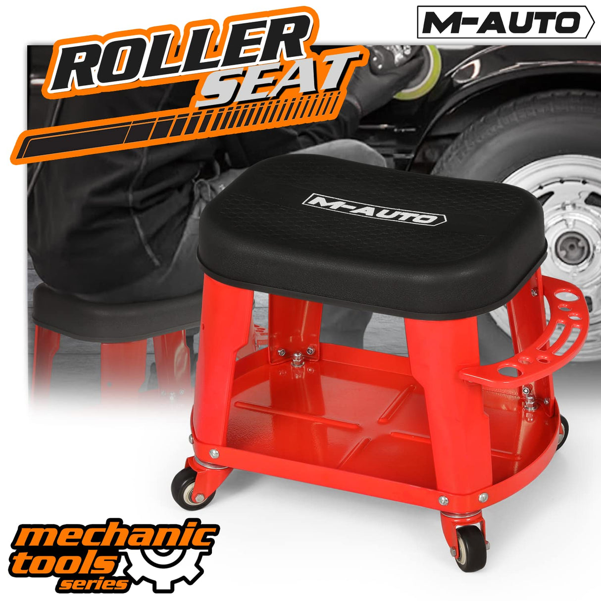 M-AUTO Heavy Duty Garage Rolling Work Seat 300LBS Capacity Mechanics Stool with Wheels, Rolling Work Seat with Equipment Tray and Tool Rack, M-AUTO