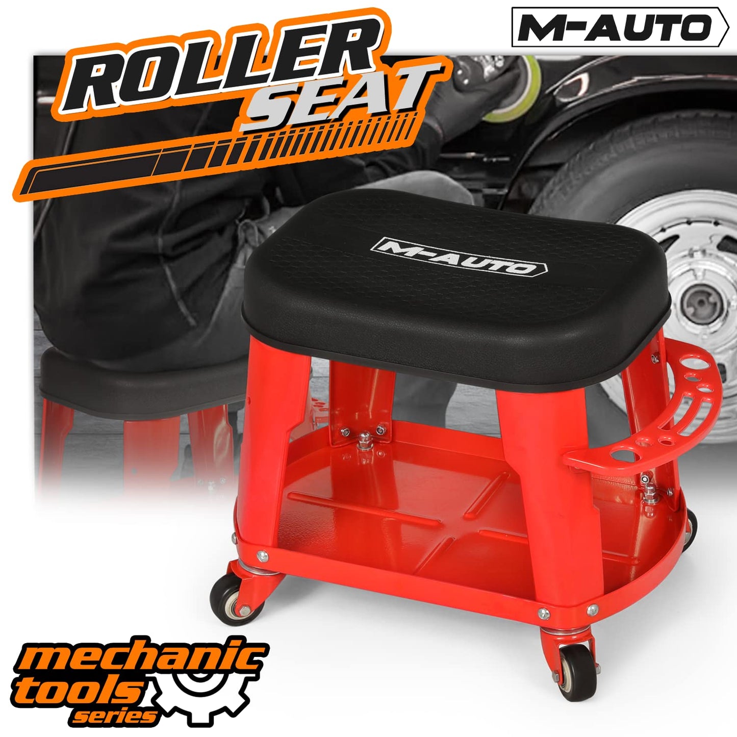 M-AUTO Heavy Duty Garage Rolling Work Seat 300LBS Capacity Mechanics Stool with Wheels, Rolling Work Seat with Equipment Tray and Tool Rack, - WoodArtSupply