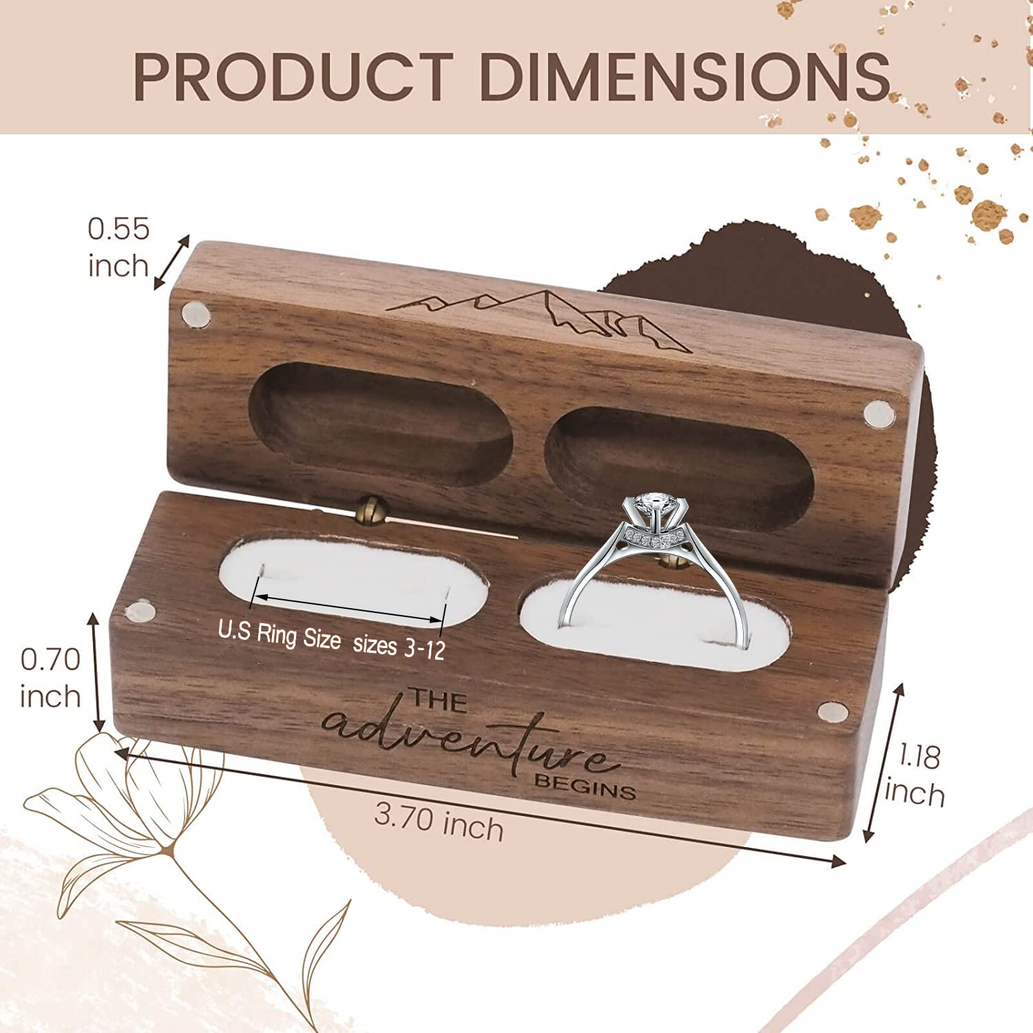 Muchly Engraved Flip Wooden 2 Ring box for wedding -Rustic Vintage Solid Wood rectangle Jewelry Storage Box muchly