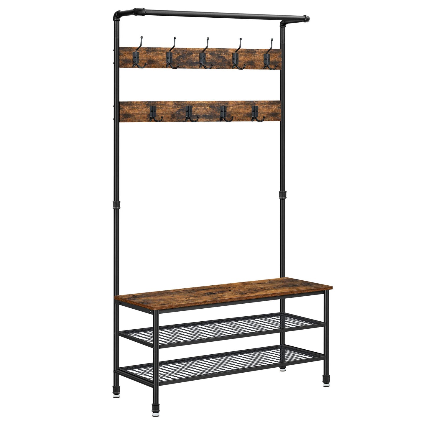 VASAGLE DAINTREE 3-in-1 Entryway Coat Rack and Storage Bench, Pipe Style Hall Tree with 9 Hooks, Multifunctional, Sturdy Steel Frame, Large Size,