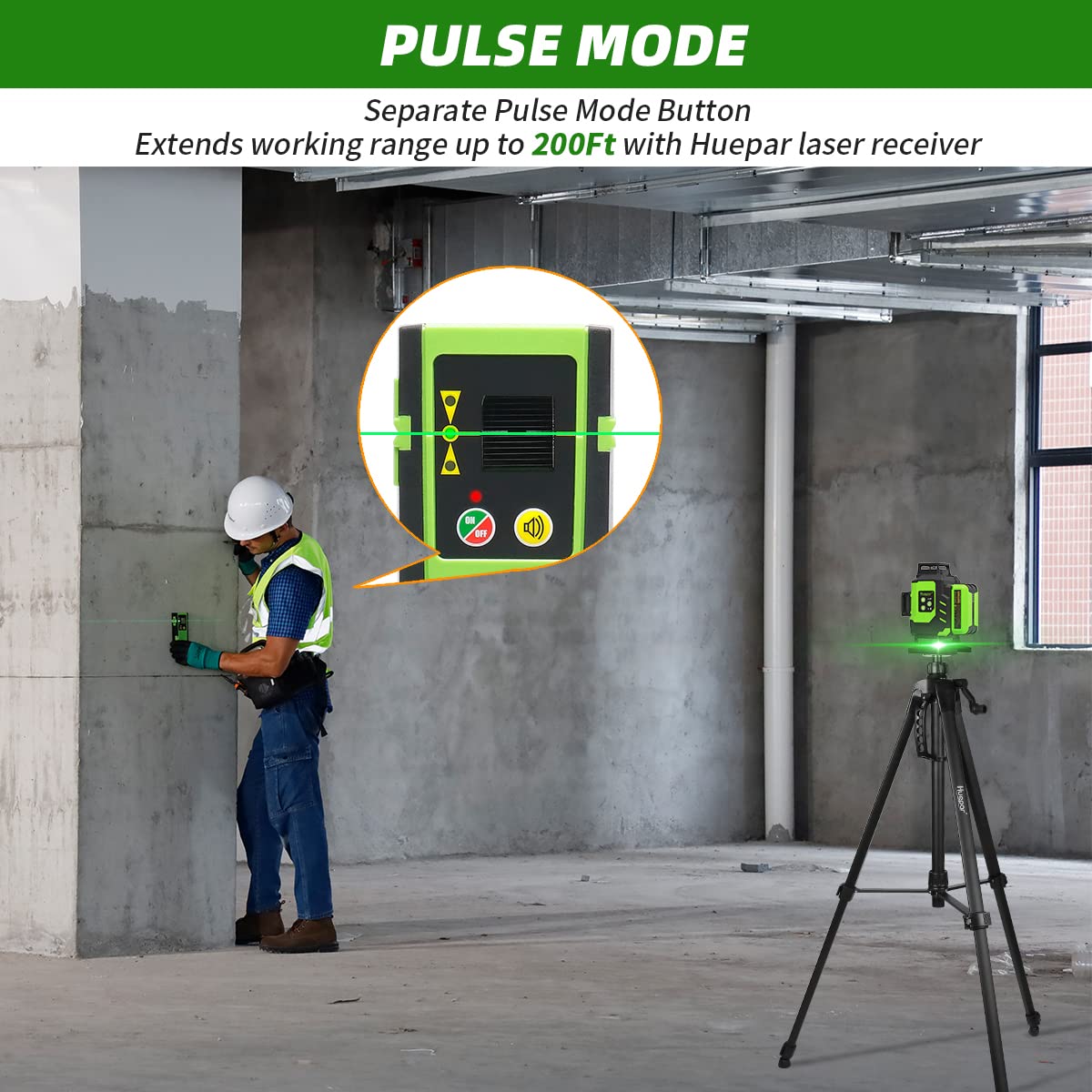 Huepar 4x360 Laser Level Self-leveling 16 Lines Green Beam 4D Cross Line Tiling Floor Tool-2 x 360 Horizontal & 2 x 360 Vertical Laser Lines with Two Huepar