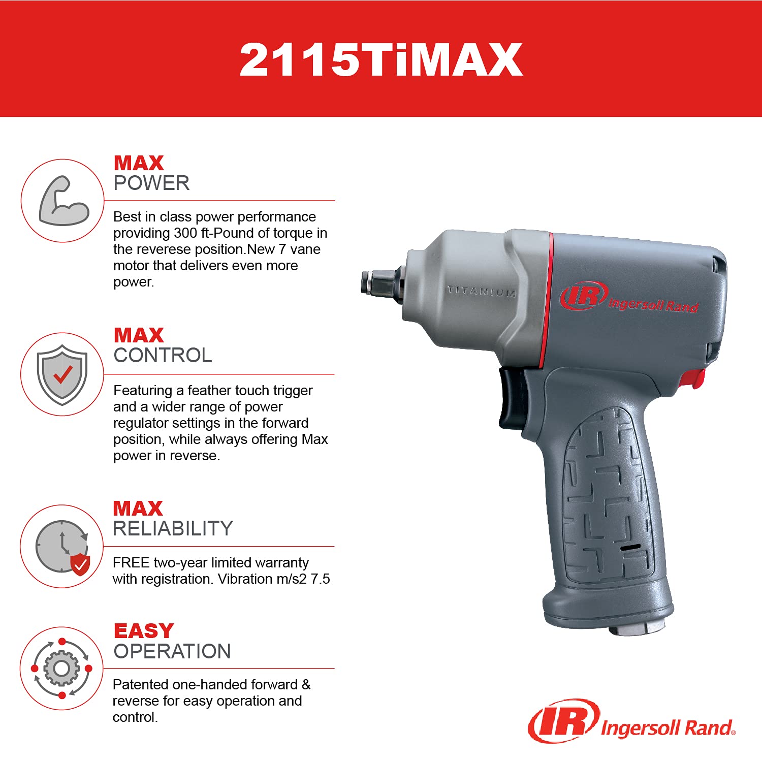 Ingersoll Rand 2115TiMAX 3/8” Drive Air Impact Wrench –Powerful Reverse Torque Output Up to 1,350 ft/bs, 7 Vane Motor, Light Touch Trigger, Max Ingersoll Rand