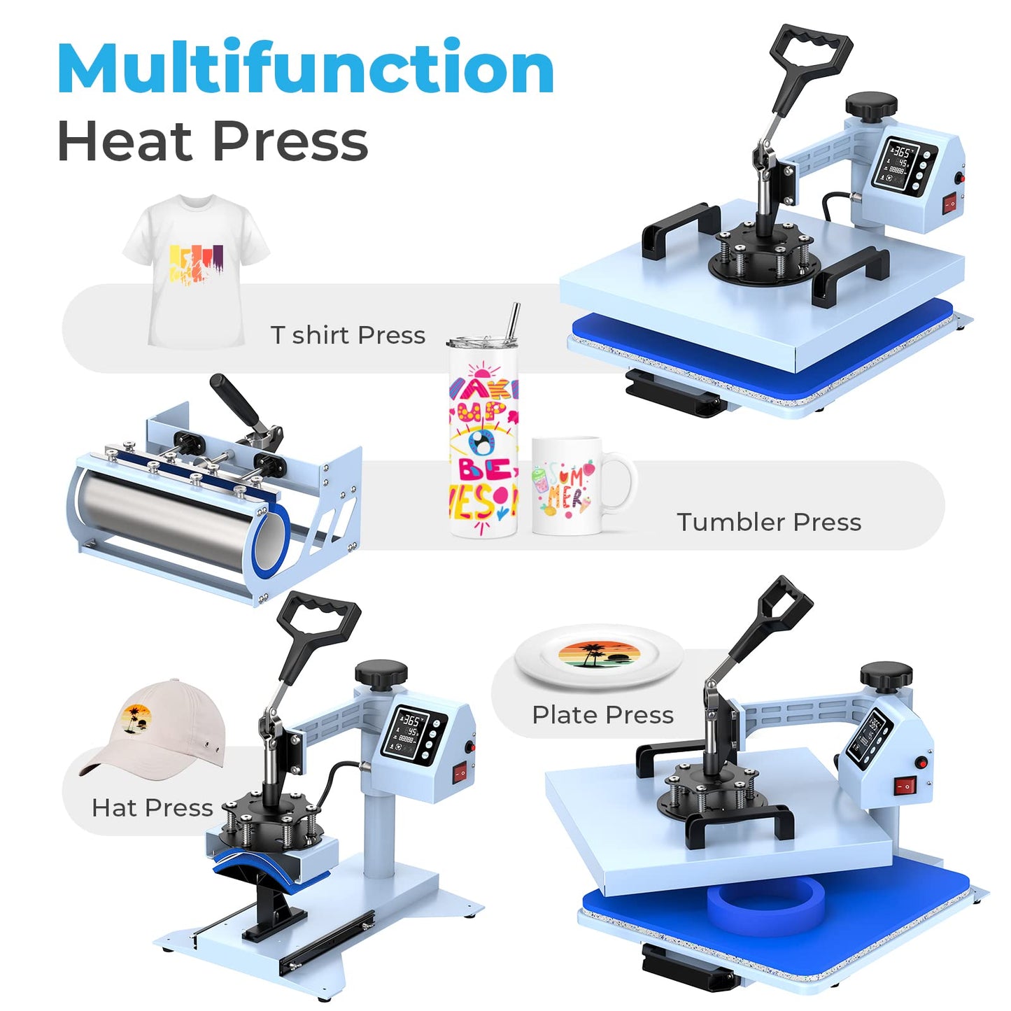 Pro 15x15 Heat Press with 30 OZ Tumbler Attachment, 5in1 Combo Tumbler Heat Press for T-Shirts, Tumblers Glass Cans Mugs Hats, and Plates