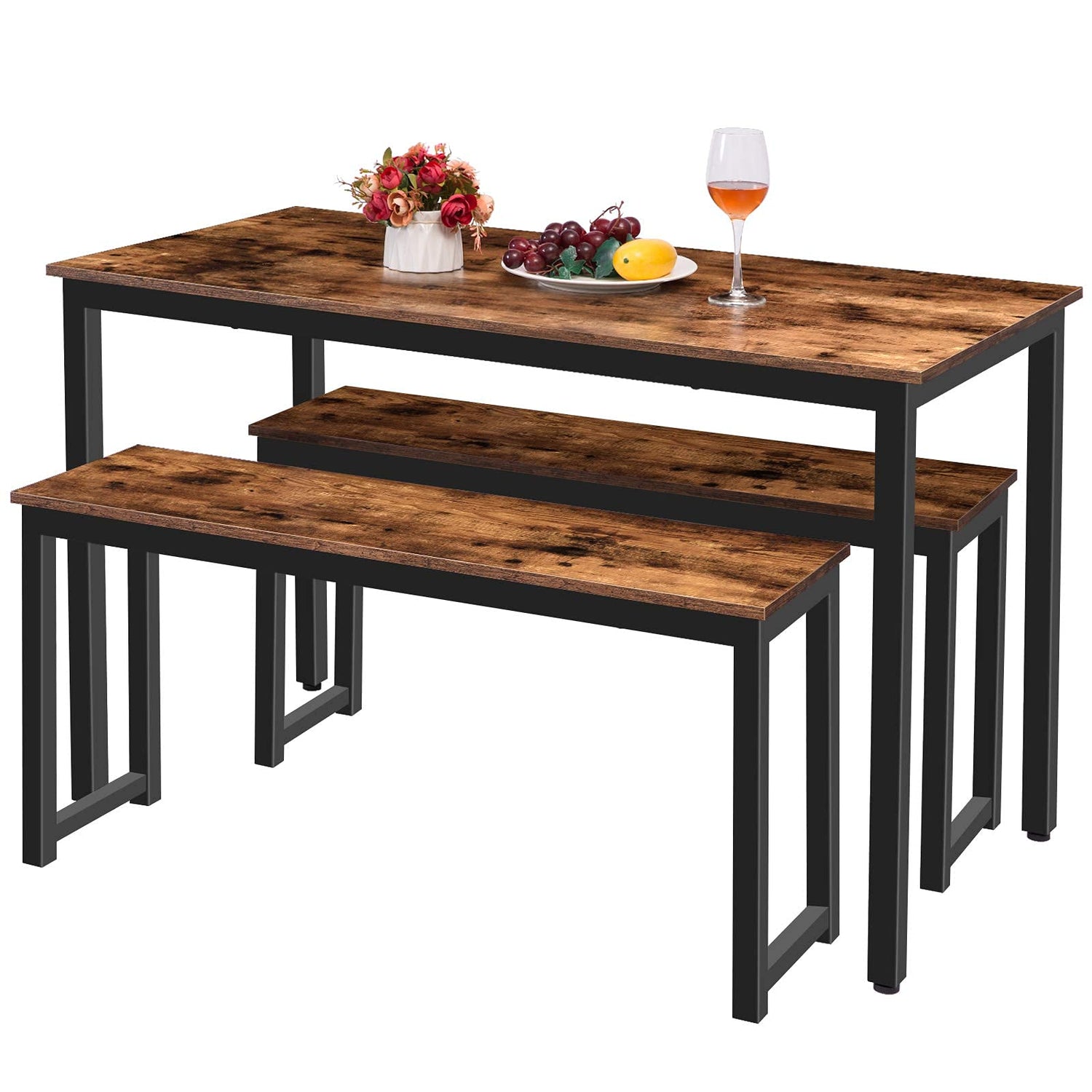 HOOBRO Dining Benches, Pair of 2 Benches, Industrial Style Indoor Benches, Durable Metal Frame, for Kitchen, Dining Room, Living Room, Rustic Brown HOOBRO