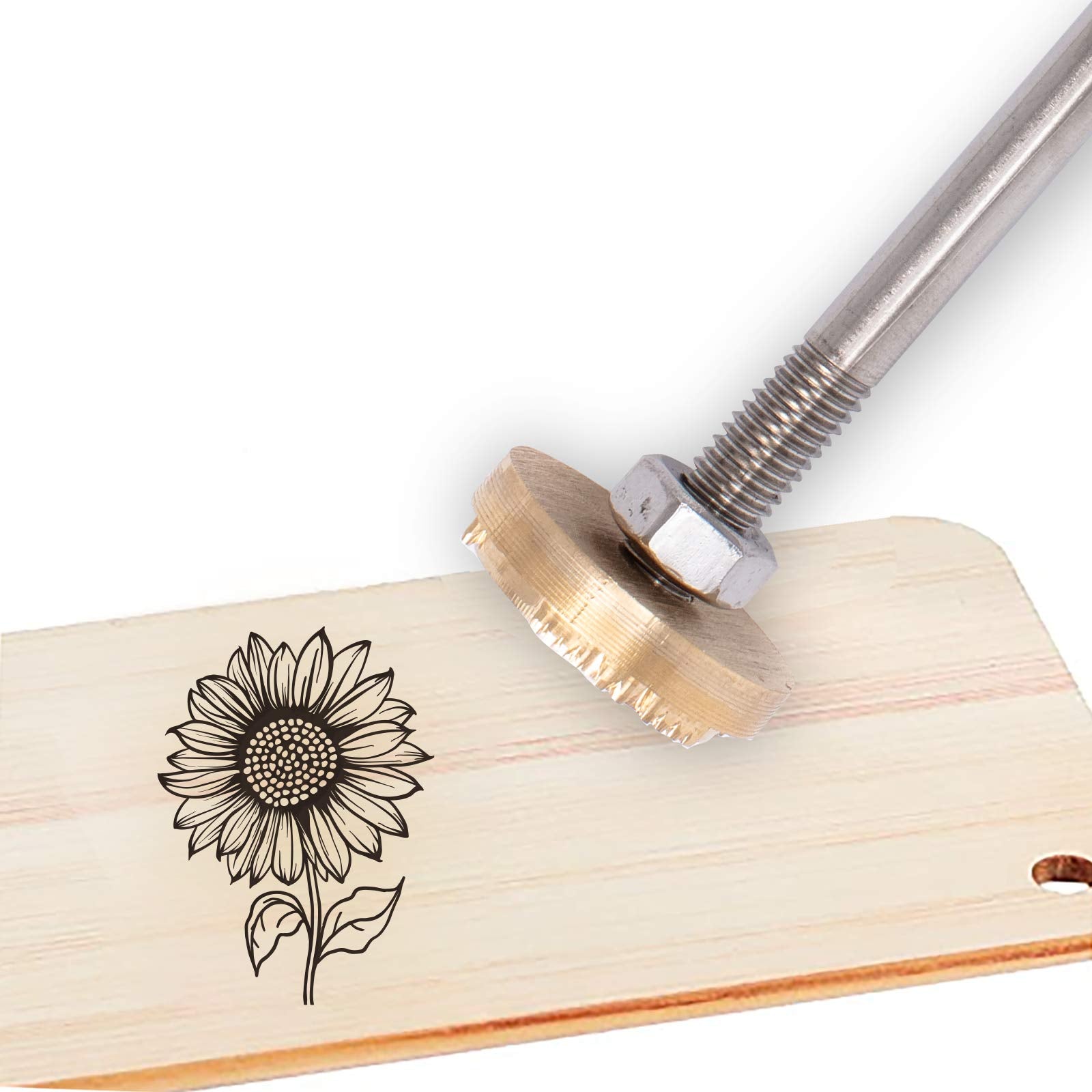 Sunflower Pattern Leather Branding Iron with Wooden Handle – Durable BBQ Heat Stamp for Crafting and Baking - WoodArtSupply