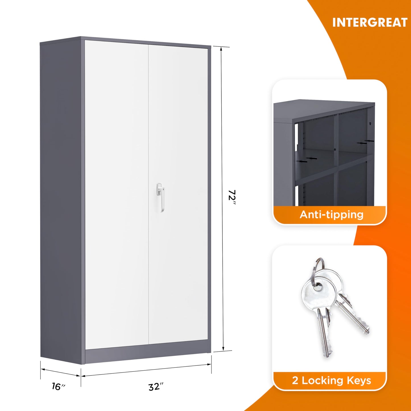 INTERGREAT Metal Storage Cabinet with Doors and Shelves, 72" Garage Storage Cabinet with Lock, Lockable Tool Steel Cabinet for Home Office,