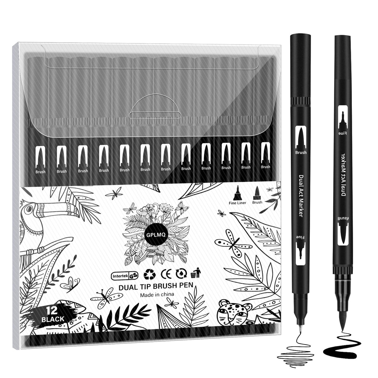 GPLMQ Black Drawing Pens, 12 Pack Felt Tip Markers for Adults and Kids, Dual Brush Fineliners Pens for Art Drawing Sketching Calligraphy GPLMQ