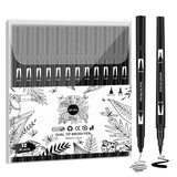 GPLMQ Black Drawing Pens, 12 Pack Felt Tip Markers for Adults and Kids, Dual Brush Fineliners Pens for Art Drawing Sketching Calligraphy GPLMQ
