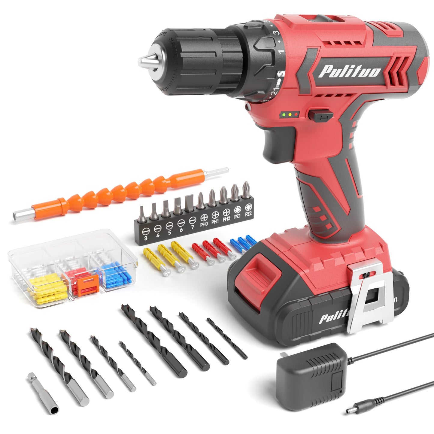 PULITUO Cordless Drill Set, 20V Electric Power Drill with Battery And Charger, Torque 30N, 21+1 Torque Setting, 2 Various Speed, with 43pcs Drill - WoodArtSupply