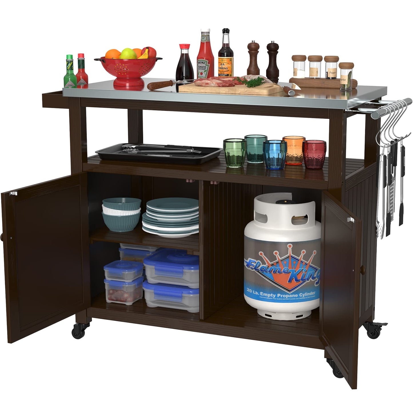 GDLF Outdoor Storage Cabinet Solid Wood Prep Grill Table with Stainless Steel Top Waterproof Cover Dark Brown - WoodArtSupply