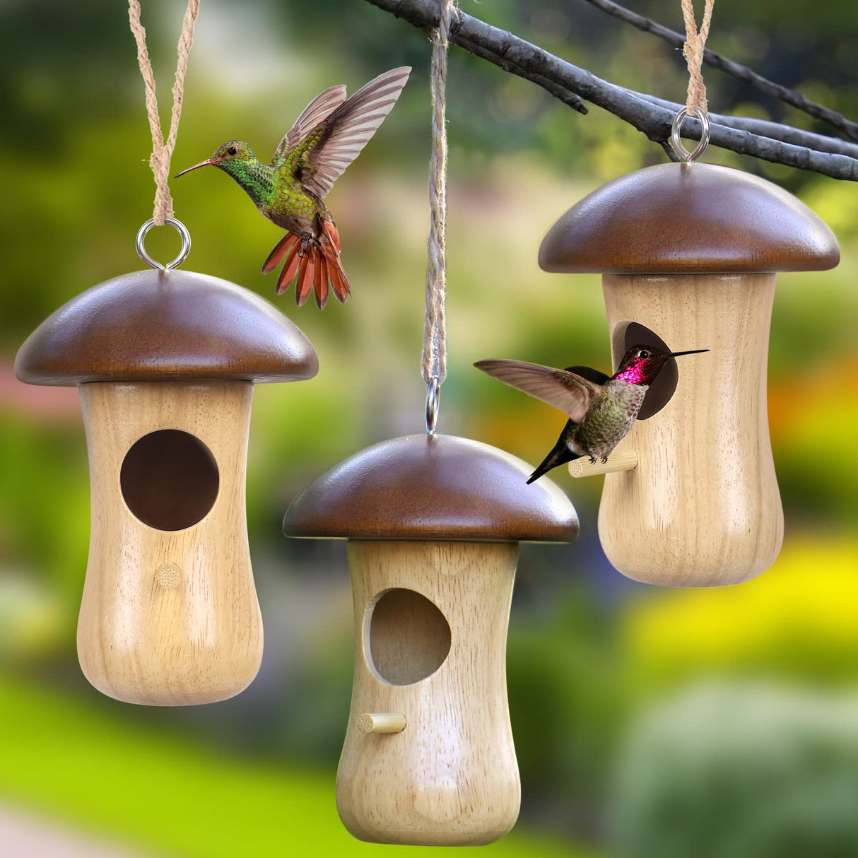 Hummingbird House,2023 New Mushroom Wooden Hummingbird Houses for Outside for Nesting, Gardening Gifts,Home Garden Decoration,3 Pack LOTKEY