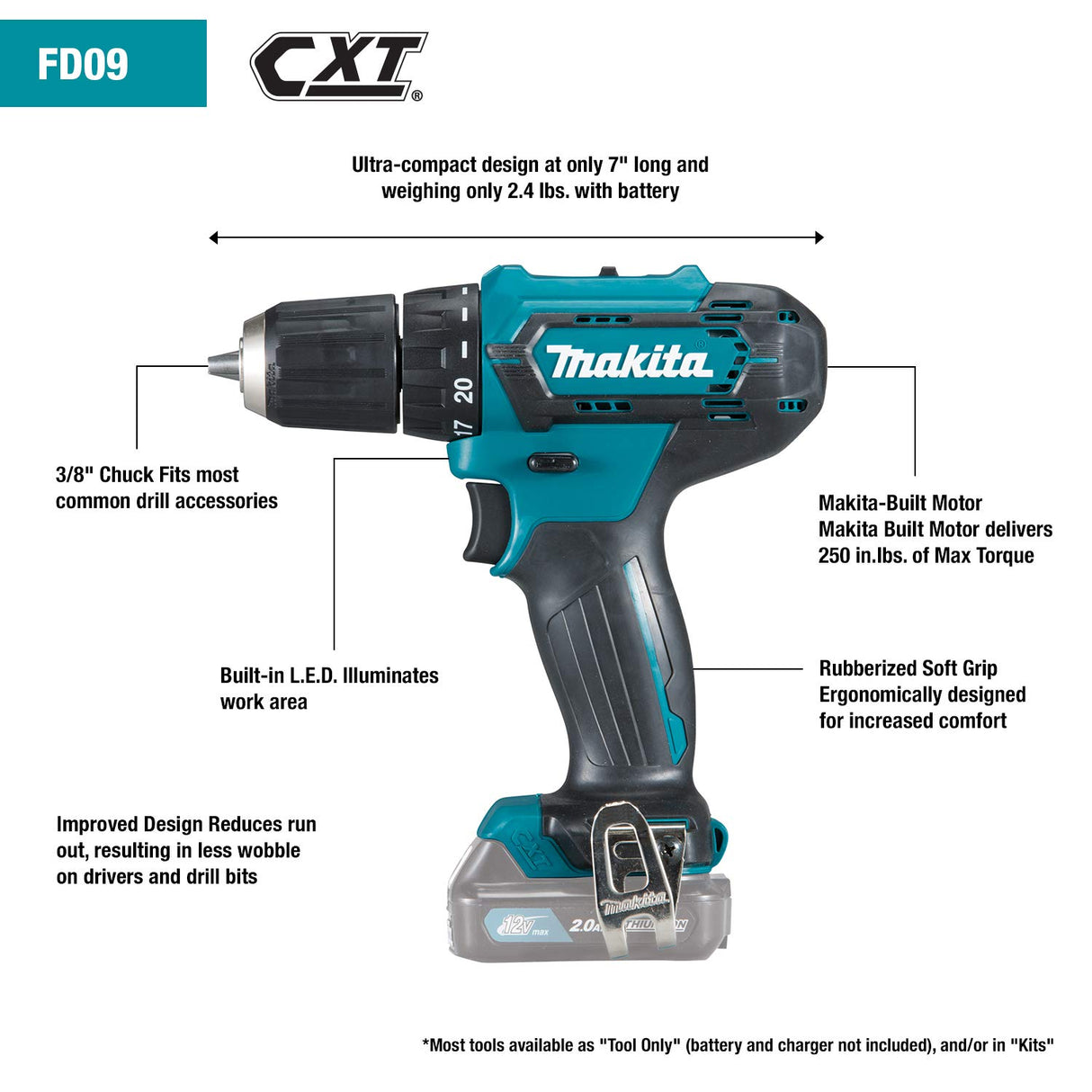 Makita FD09R1 12V max CXT® Lithium-Ion Cordless 3/8" Driver-Drill Kit (2.0Ah) Makita