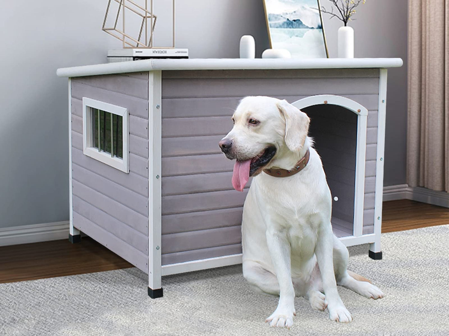 33.4" Wood Dog Houses Outdoor, Weatherproof Dog Houses Outside with Door Cute Wooden Rockever