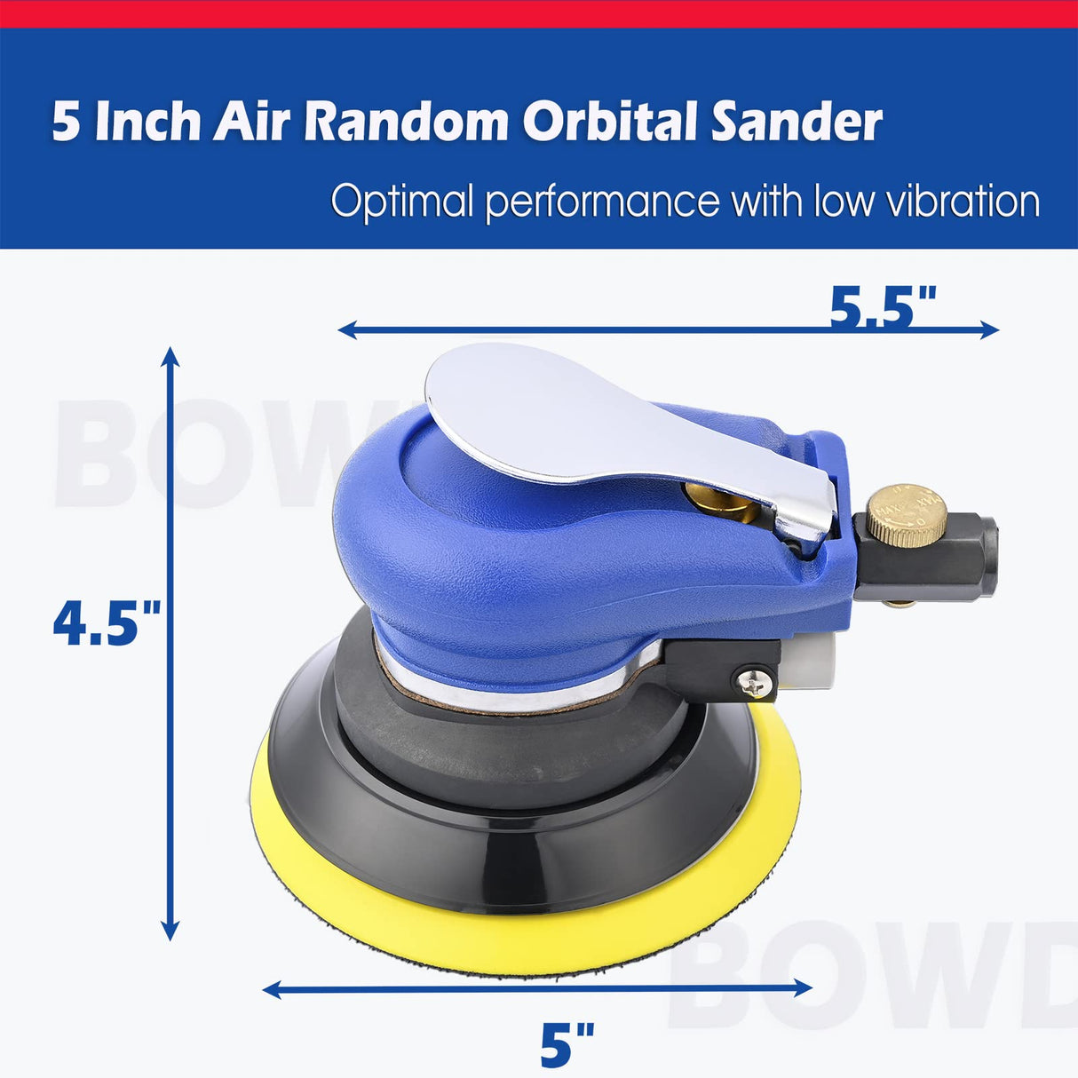 5 Inch Air Random Orbital Sander, Pneumatic Palm Sander tool with 10 Pcs Sandpapers, Air Sanders For Auto Body Work By Bowd BOWD