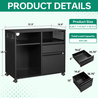 Letaya Mobile File Cabinet, Metal Lateral Rolling Printer Stand Filing Cabinets with Shelves for Home Office-Storage A4/F4/Letter/Legal (Black) - WoodArtSupply