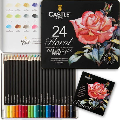 Castle Art Supplies Floral/Botanical Watercolor Pencils Set | 24 Quality, Selected Vibrant Colors | Draw and Paint at the Same Time | For Adult - WoodArtSupply