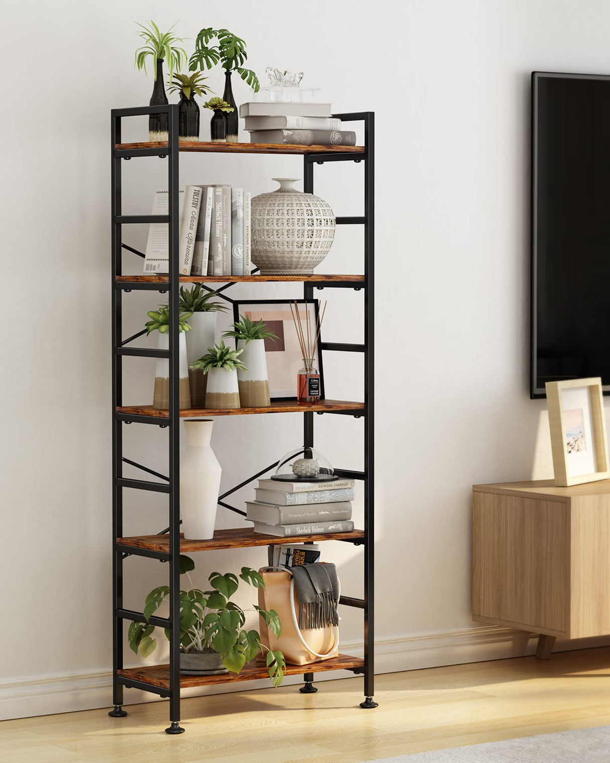 CosyStar Rustic Industrial 5-Tier Adjustable Bookcase with Metal Frame CosyStar