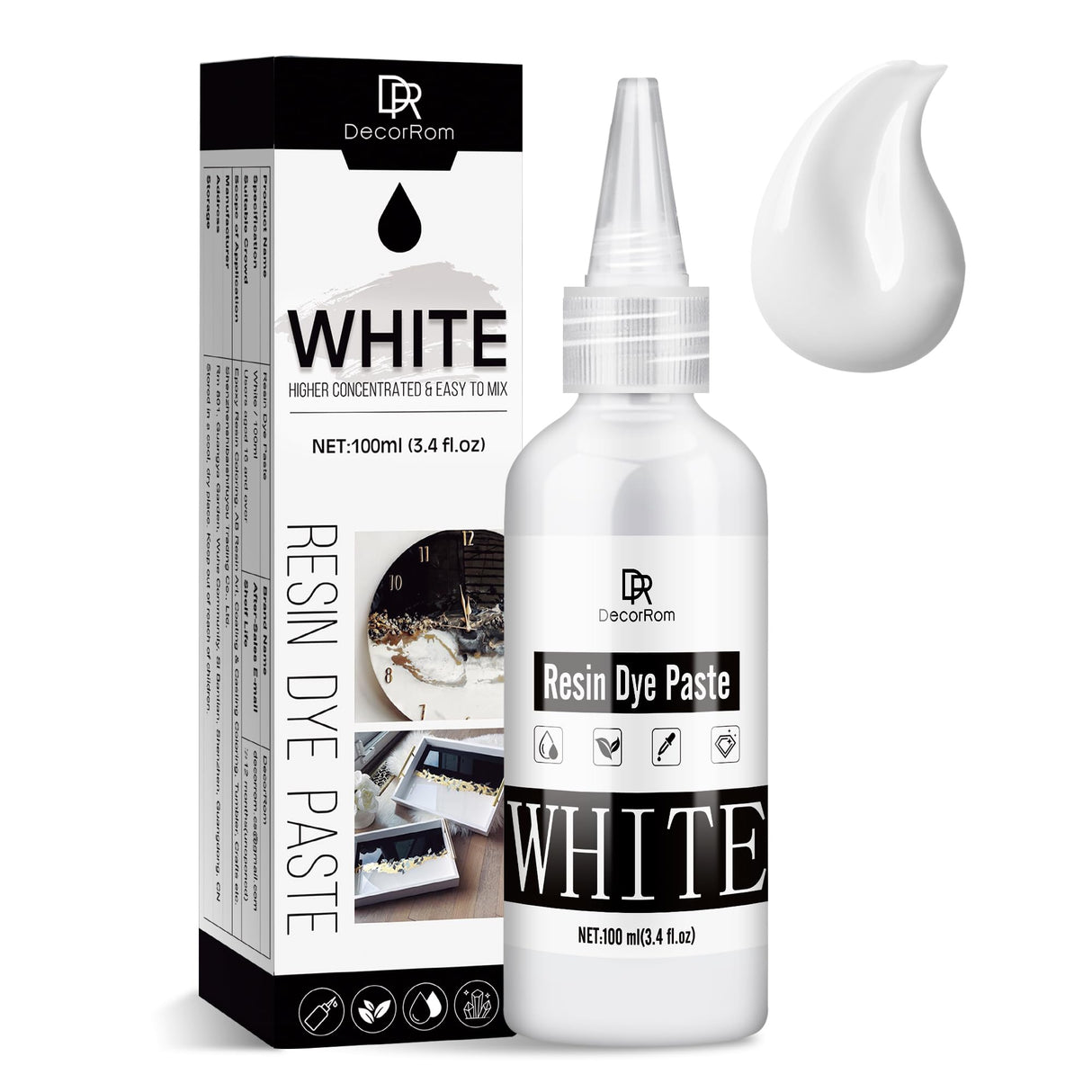 White Epoxy Resin Pigment Paste - 3.4 fl.oz / 100ml High Concentrated White Resin Dye Paste for Resin Ocean Waves, Cells, Lacing, UV Resin - Opaque DecorRom