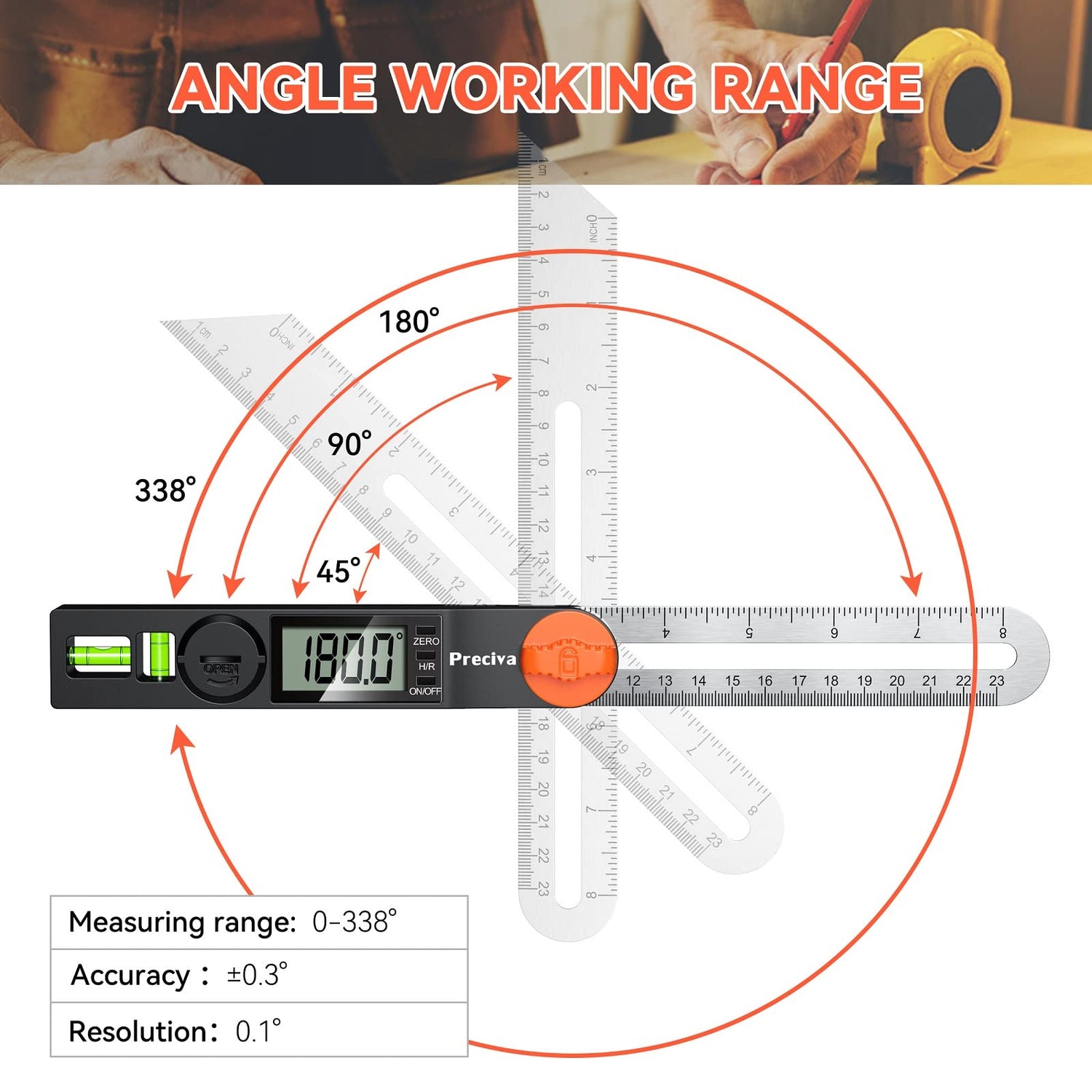 Preciva T-Bevel Gauge & Protractor with Horizontal and Vertical Bubble,0-338° Digital Angle Finder Protractor 230mm/8inch Display for Carpentry Preciva