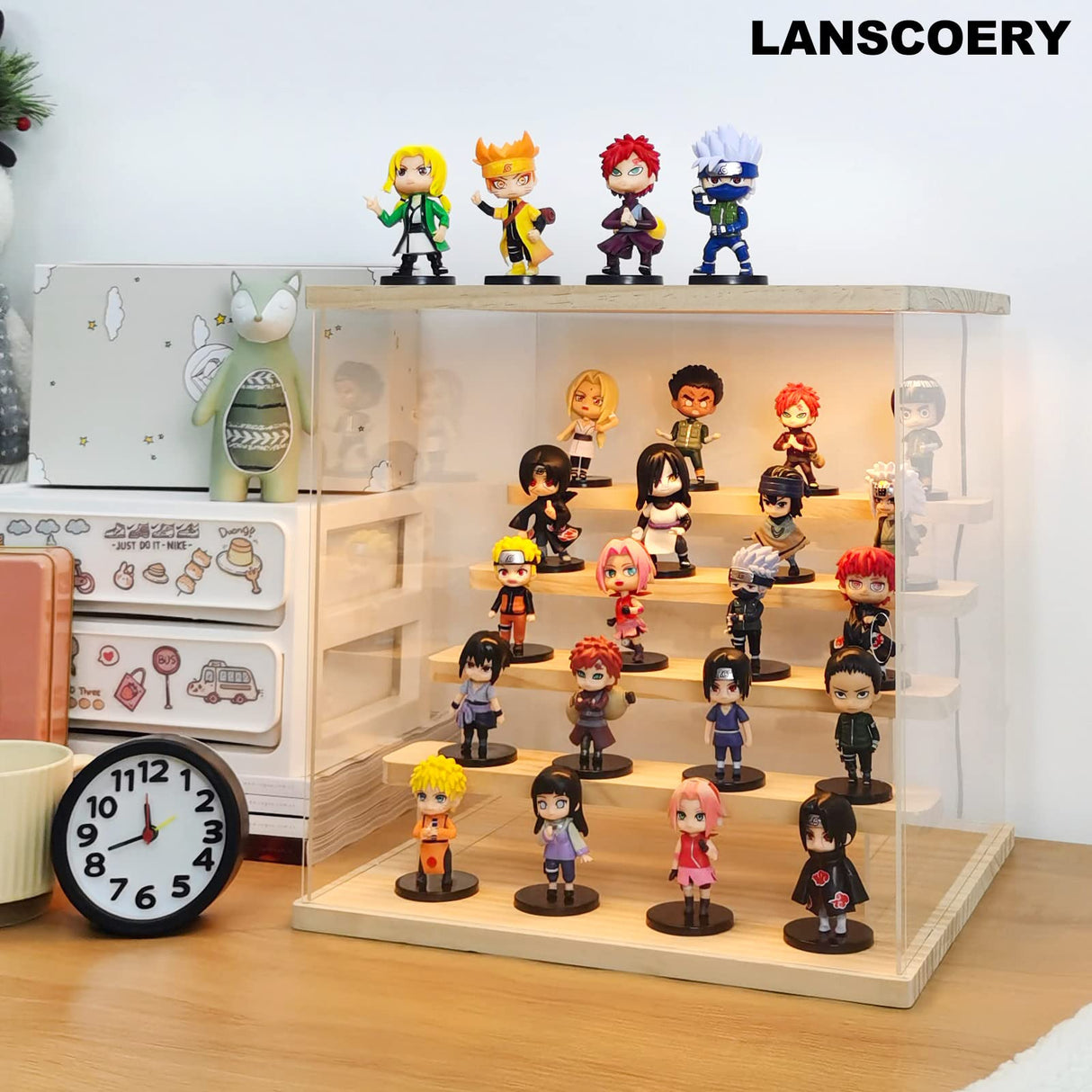 LANSCOERY Clear Acrylic Display Case with Light, Assemble 5 Tier Display Box Stand with Wooden Base, Dustproof Protection Showcase for Collectibles LANSCOERY