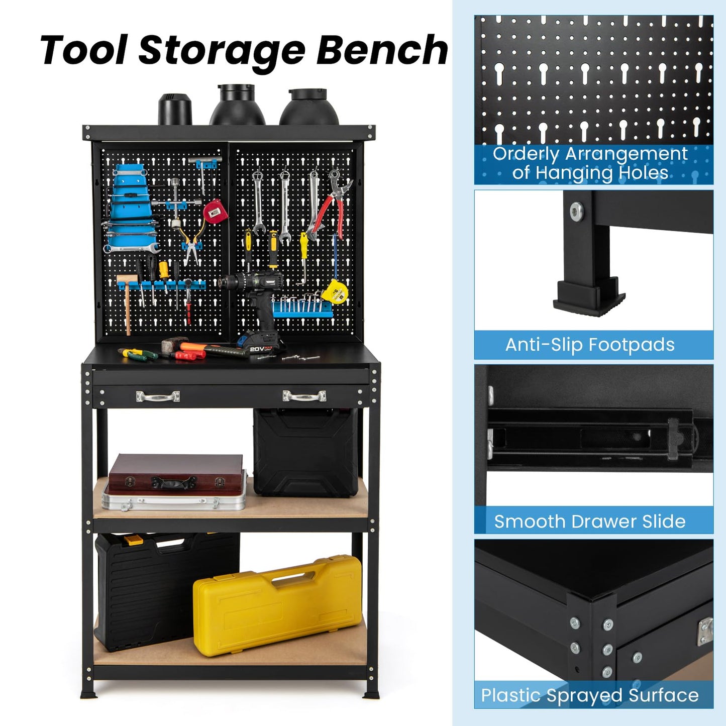 S AFSTAR Garage Workbench with Drawers, 32 x 16 Inches Tool Storage Workbench with Peg Board & 2 Lower Shelves, 14 Hanging Accessories, 220 LBS