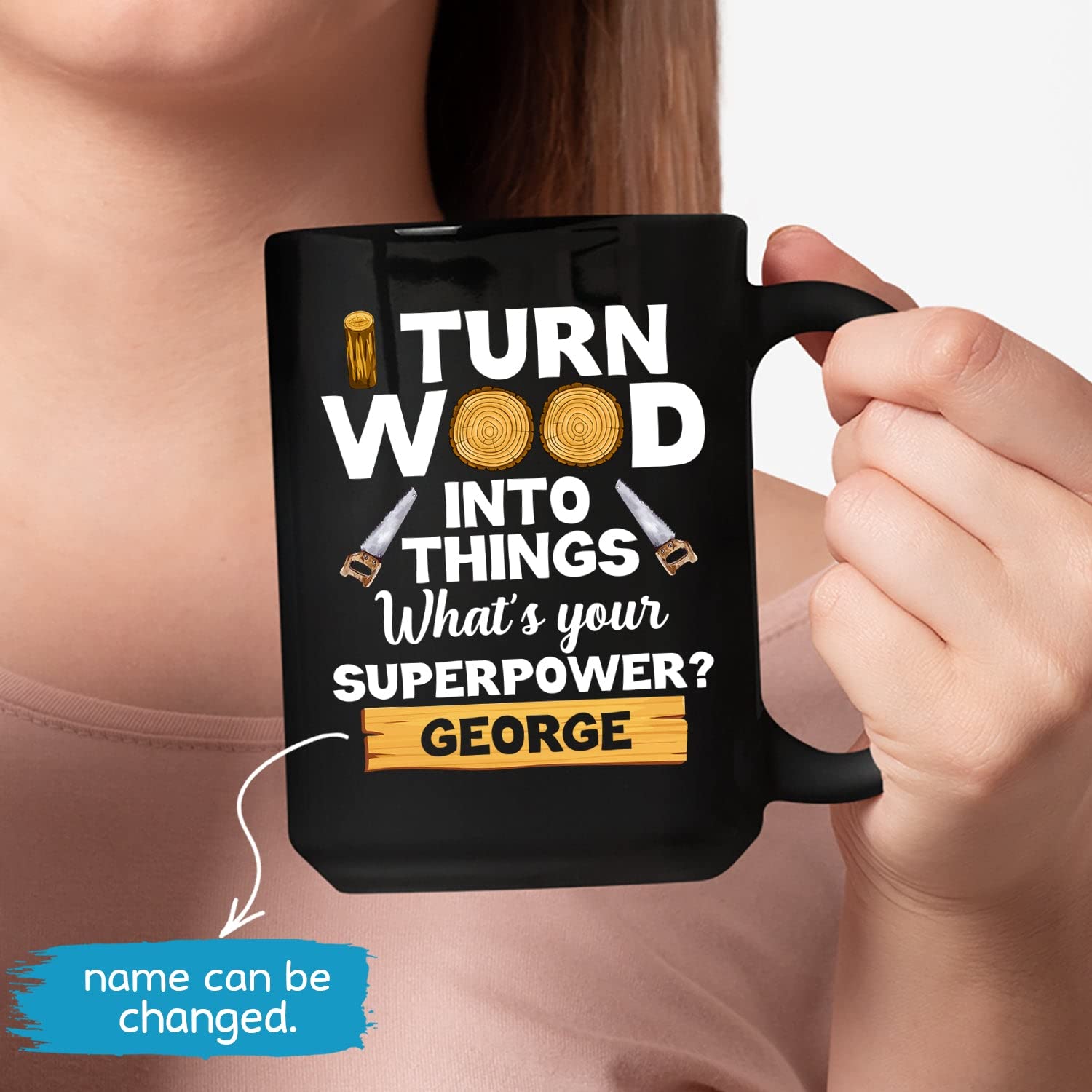 Custom Carpenter Black Coffee Mug, I Turn Wood Into Things What's Your Superpower Mug, Personalized Carpenter Mug With Name, Mug Gift For Woodworker, - WoodArtSupply