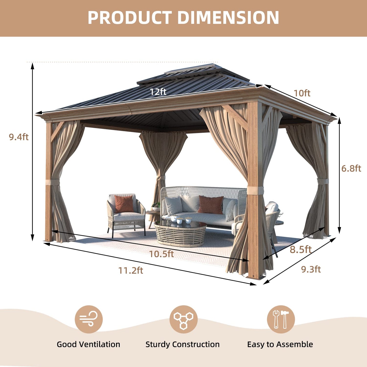 MELLCOM 10' x 12' Hardtop Gazebo, Wooden Finish Coated Aluminum Frame Gazebo with Galvanized Steel Double Roof, Brown Metal Gazebo with Curtains and MELLCOM