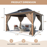 MELLCOM 10' x 12' Hardtop Gazebo, Wooden Finish Coated Aluminum Frame Gazebo with Galvanized Steel Double Roof, Brown Metal Gazebo with Curtains and MELLCOM