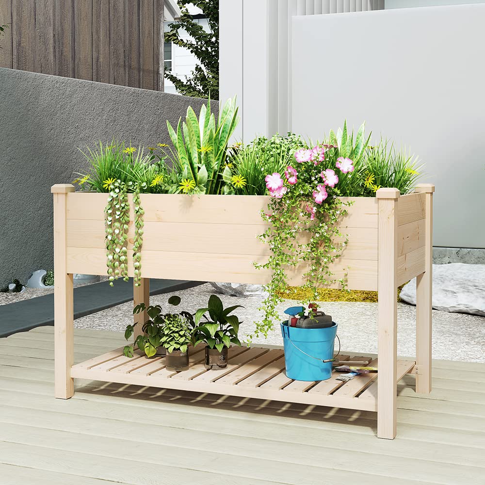 BIRASIL Outdoor Wood Raised Garden Bed, Elevated Reinforced Large Planter Box with Storage Shelf for Vegetable Flower Backyard Patio Gardening - WoodArtSupply