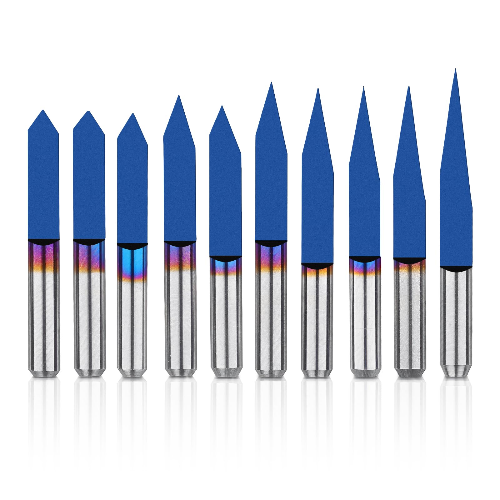 Genmitsu 10 Pcs 1/8'' Shank CNC Router Bits Set, Flat V-bit & Triangular V-bit, 20 /30 /45 /60 /90 Degree 0.1mm Tip, Nano Blue Coat, Engraving Tool - WoodArtSupply