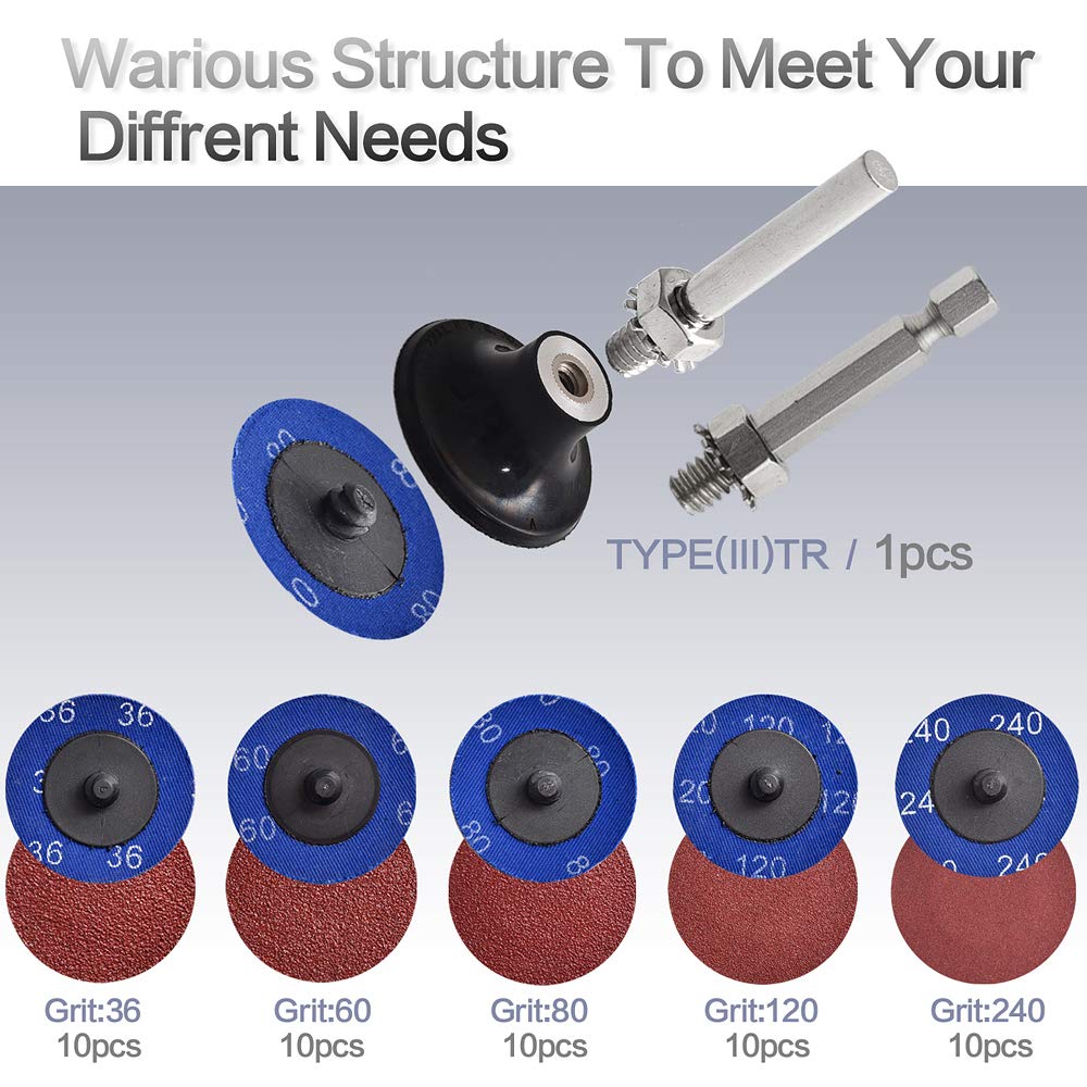 NYXCL Miroku 50Pcs Mixup 2 inch roll Lock Quick Change Discs Set, A/O Sanding Discs with 1/4" Holder, for Die Grinder Surface Prep Strip Grind Polish NYXCL