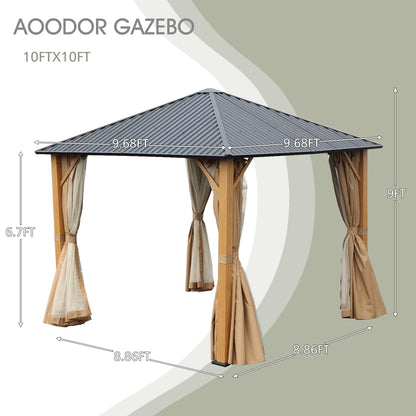 Aoodor 10 x 10 ft. Wooden Finish Coated Aluminum Frame Gazebo with Hardtop Roof, Outdoor Gazebos with Curtains and Nettings, for Patio Backyard Deck