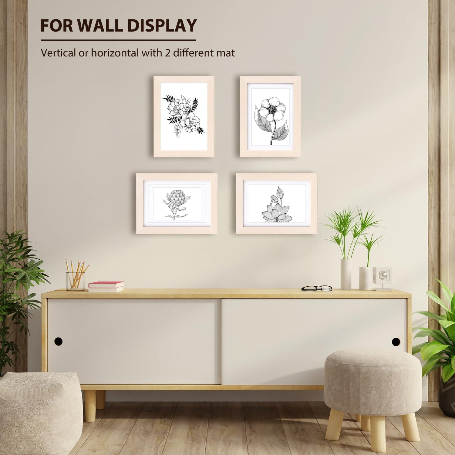 KINLINK 5x7 Picture Frame Natural Wood Frame with Acrylic Plexiglass for Pictures 4x6 with Mat or 5x7 without Mat, Tabletop and Wall Mounting Display KINLINK