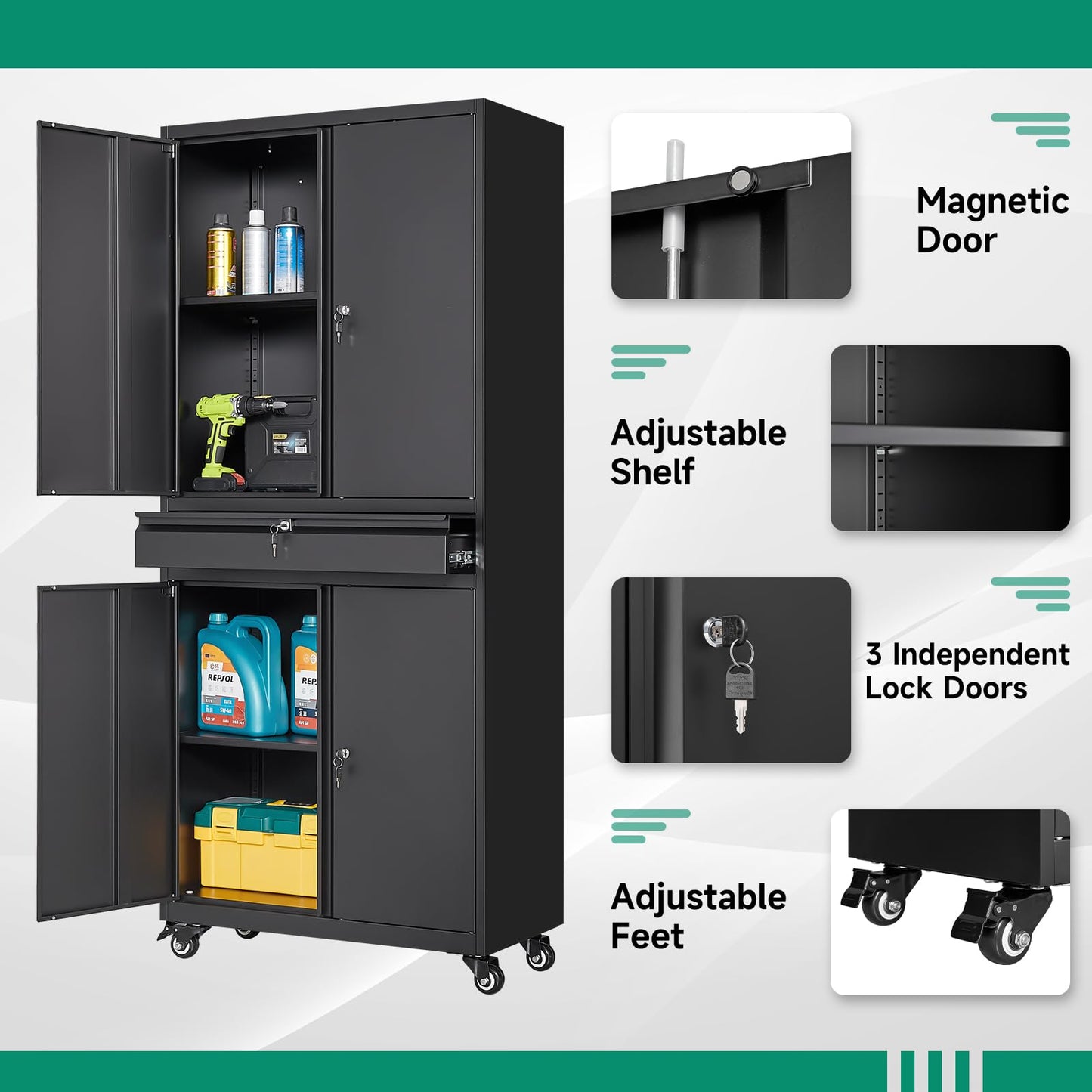 Letaya Metal Garage Storage Cabinet with Wheels,72“ Rolling Tool Cabinet with 4 Door Lock-Adjustable Shelves and Drawer for Garage Home Office