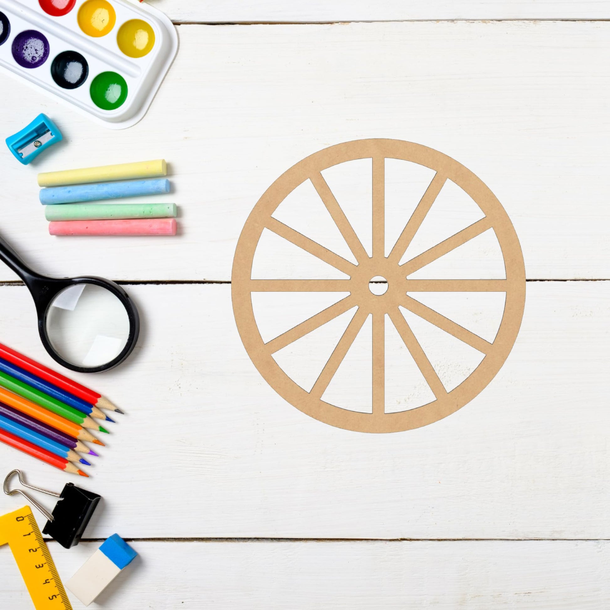 Wooden Wagon Wheel 8'' Cutout, Unfinished Wood Western Craft Shape, Spoked Wheel MDF Blank - WoodArtSupply