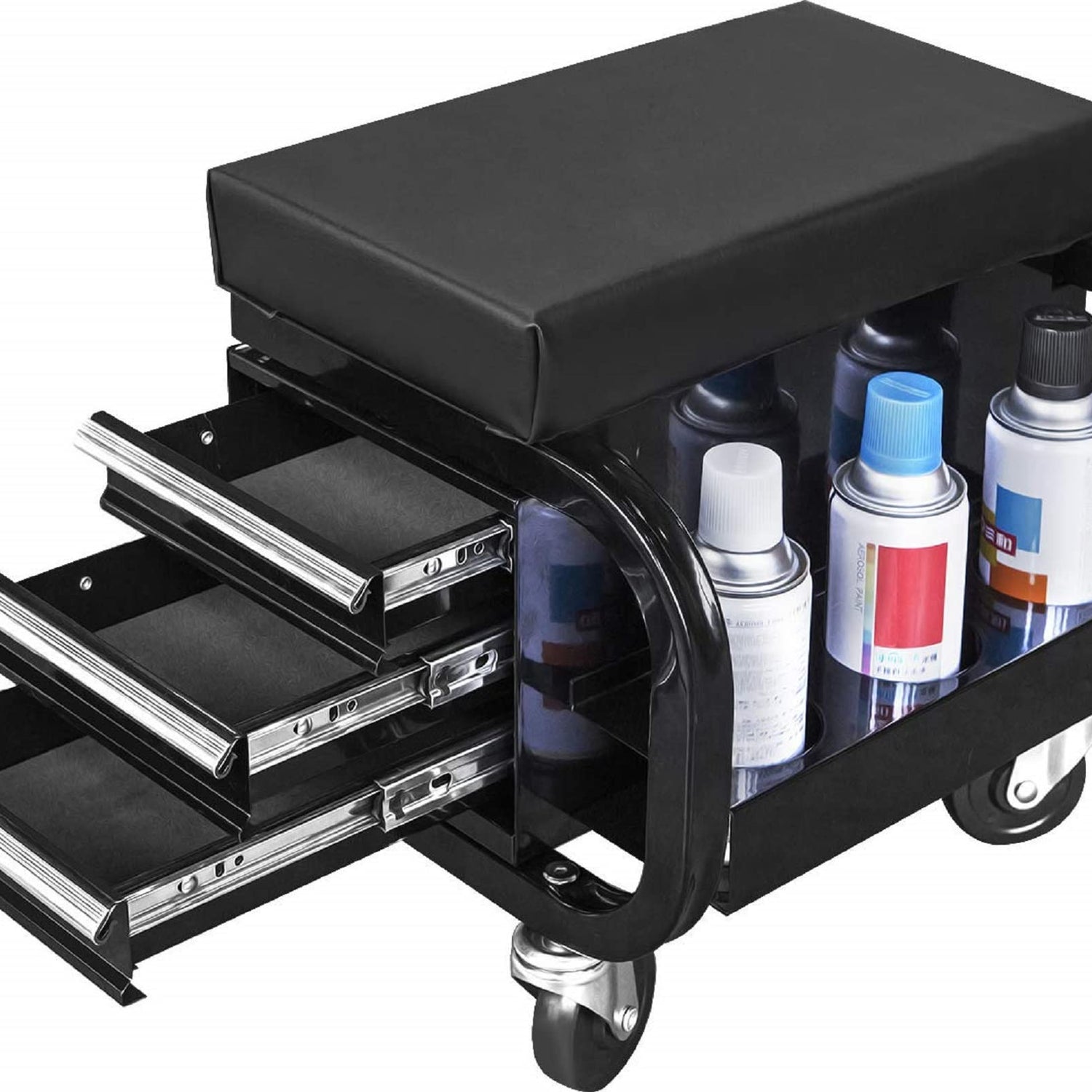 TCE Rolling Creeper Garage/Shop Seat with Three Built-in Drawers,Padded Mechanic Stool Creeper Seat,Black,APD2016AU TCE