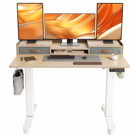 YDN Standing Desk with Drawers, 48 Inch Standing Desk Adjustable Height, Adjustable Electric Stand Up Sit Stand Small Desk with Storage and Shelf, YDN