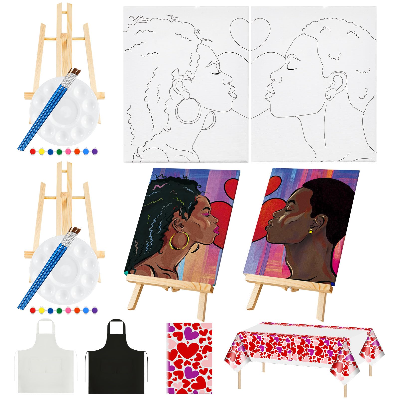 Yeaqee 13 Pcs Sip and Paint Kit Valentines Couple Painting Kit Supplies Canvas Painting Art Painting Set Pre Drawn Stretch Canvas Kit for Couple Date - WoodArtSupply