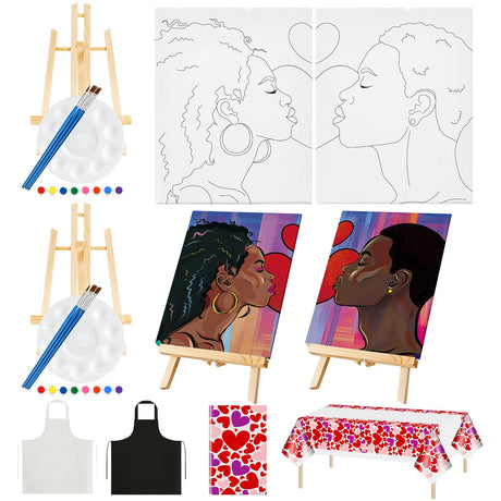 Yeaqee 13 Pcs Sip and Paint Kit Valentines Couple Painting Kit Supplies Canvas Painting Art Painting Set Pre Drawn Stretch Canvas Kit for Couple Date Yeaqee