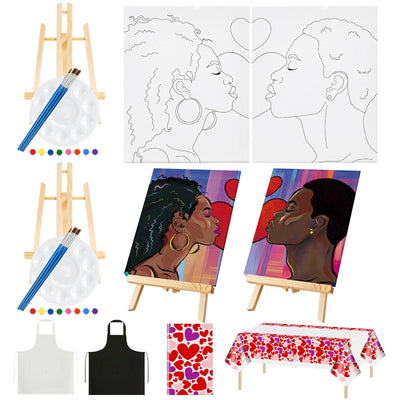 Yeaqee 13 Pcs Sip and Paint Kit Valentines Couple Painting Kit Supplies Canvas Painting Art Painting Set Pre Drawn Stretch Canvas Kit for Couple Date