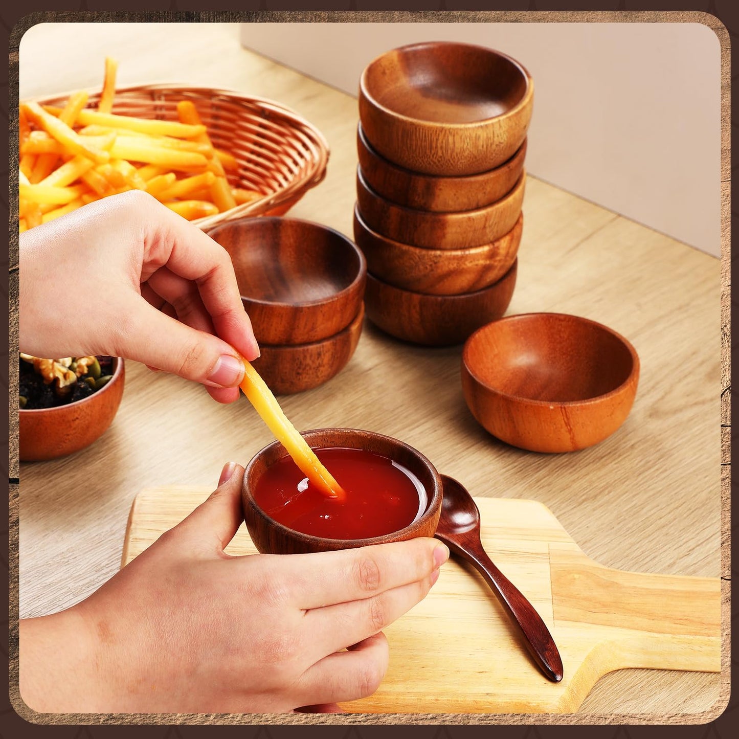 Skylety 10 Pcs Acacia Wooden Bowls Small Calabash Bowls Round Wood Salad Bowl Hand Carved Calabash Dip Tray for Serving Popcorn Pasta Candy Cereal - WoodArtSupply