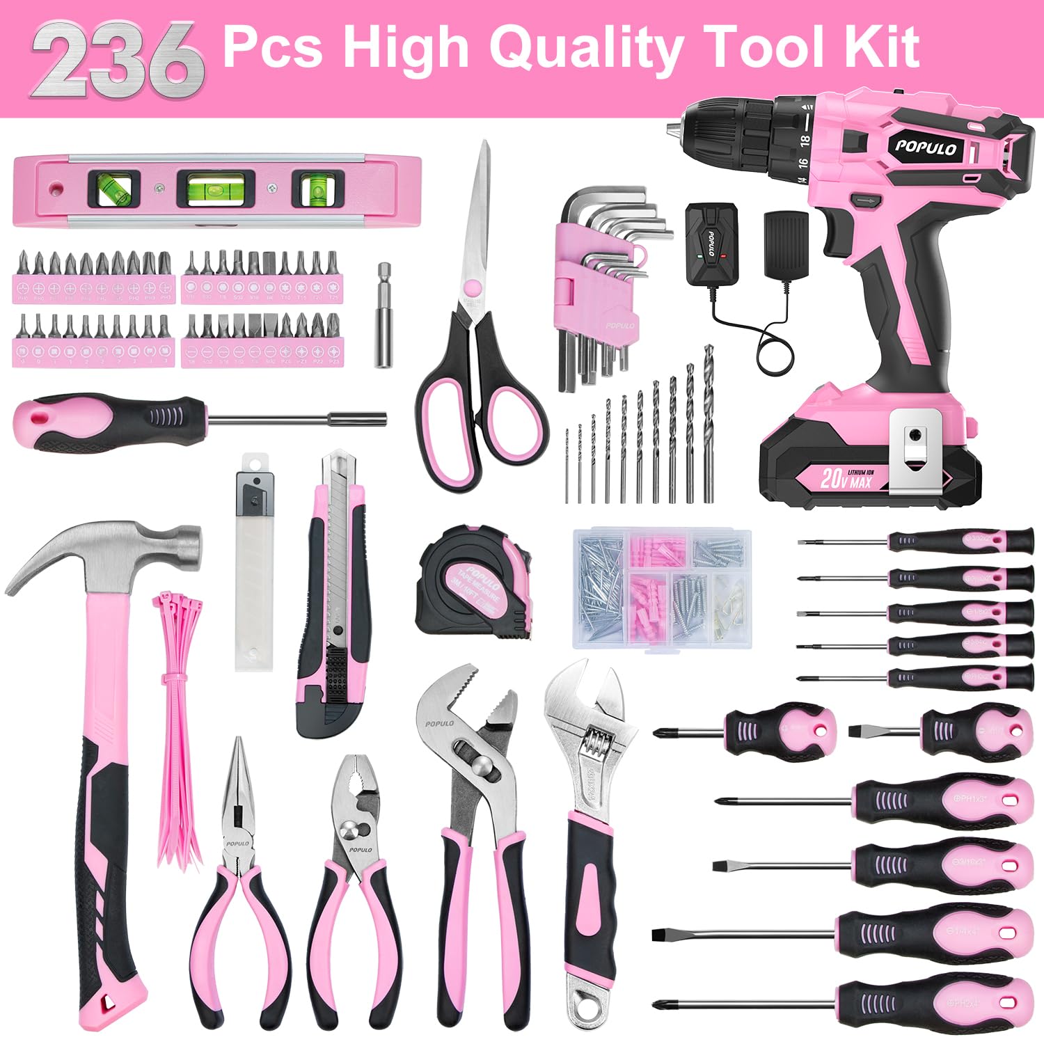 POPULO Pink Tool Kit 236-Piece with Cordless 20V 2000mAh Power Drill Driver, Lady's Basic Home Tool Set with 12-Inch Pink Tool Bag, Electric Drill populo