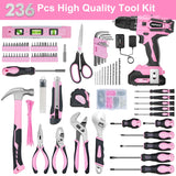 POPULO Pink Tool Kit 236-Piece with Cordless 20V 2000mAh Power Drill Driver, Lady's Basic Home Tool Set with 12-Inch Pink Tool Bag, Electric Drill populo