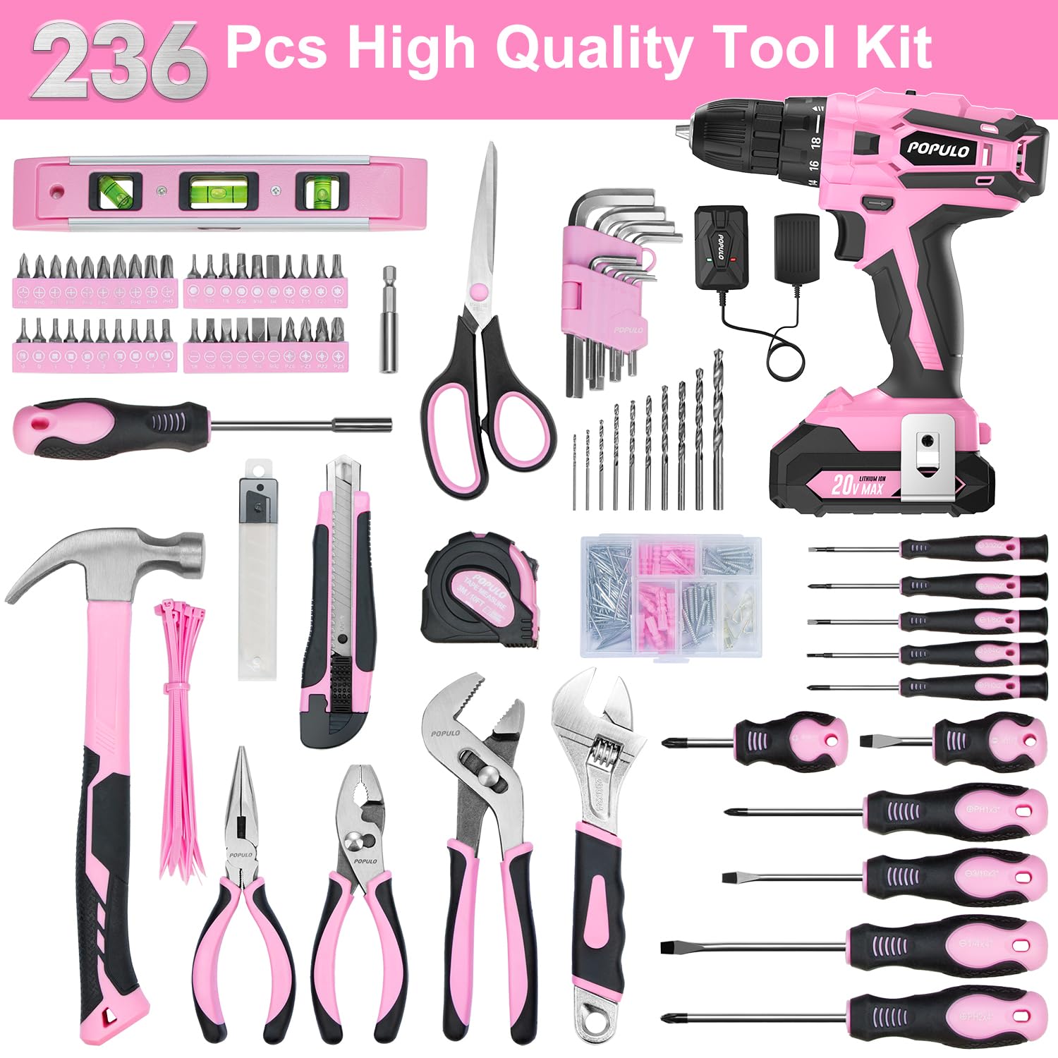 POPULO Pink Tool Kit 236-Piece with Cordless 20V 2000mAh Power Drill Driver, Lady's Basic Home Tool Set with 12-Inch Pink Tool Bag, Electric Drill - WoodArtSupply