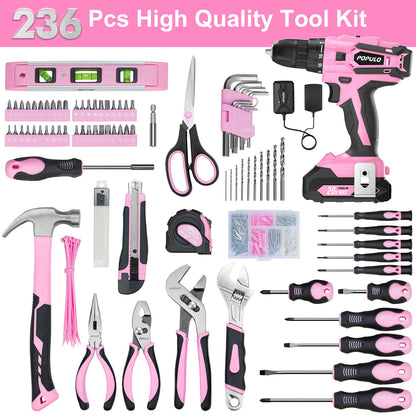 POPULO Pink Tool Kit 236-Piece with Cordless 20V 2000mAh Power Drill Driver, Lady's Basic Home Tool Set with 12-Inch Pink Tool Bag, Electric Drill - WoodArtSupply