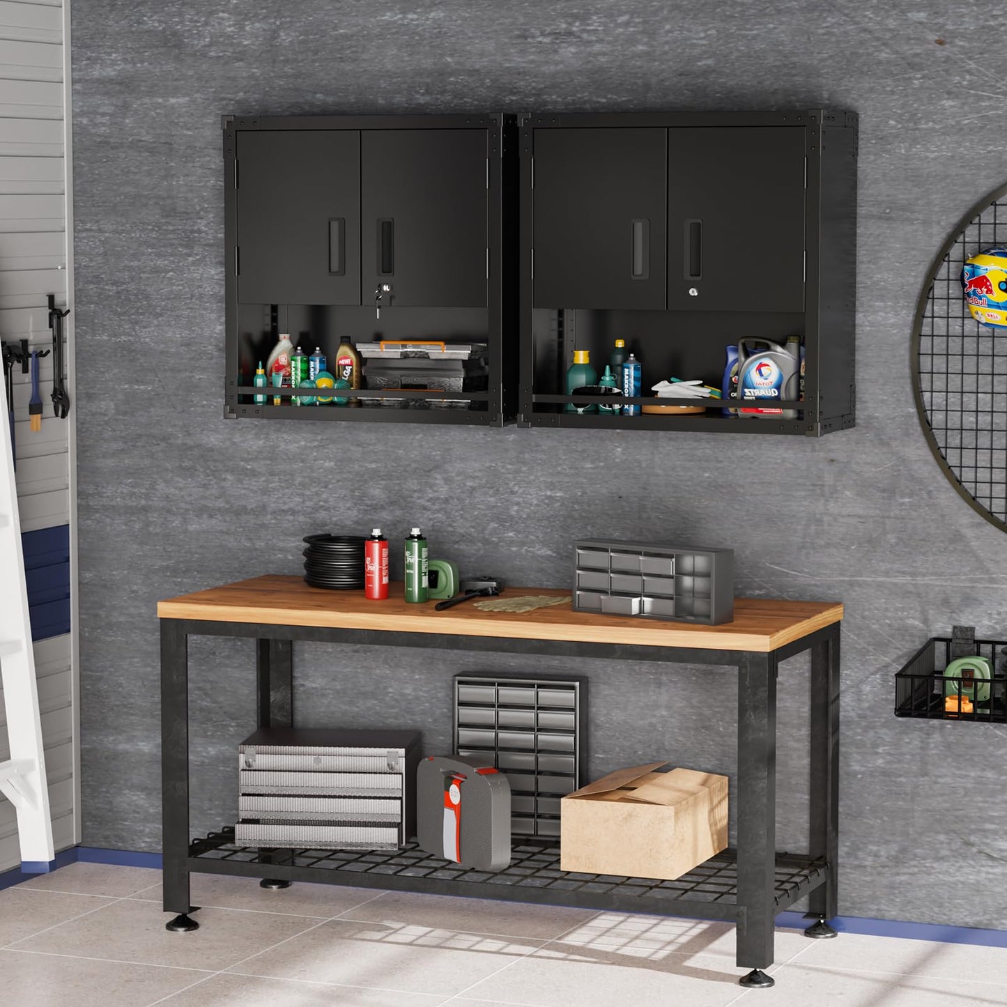 VINGLI Garage Wall Cabinet with Locking Doors and Adjustable Shelf, Metal Wall Cabinet, Floating Upper Storage Cabinet (Black, 30''W x 12''D x 30''H)