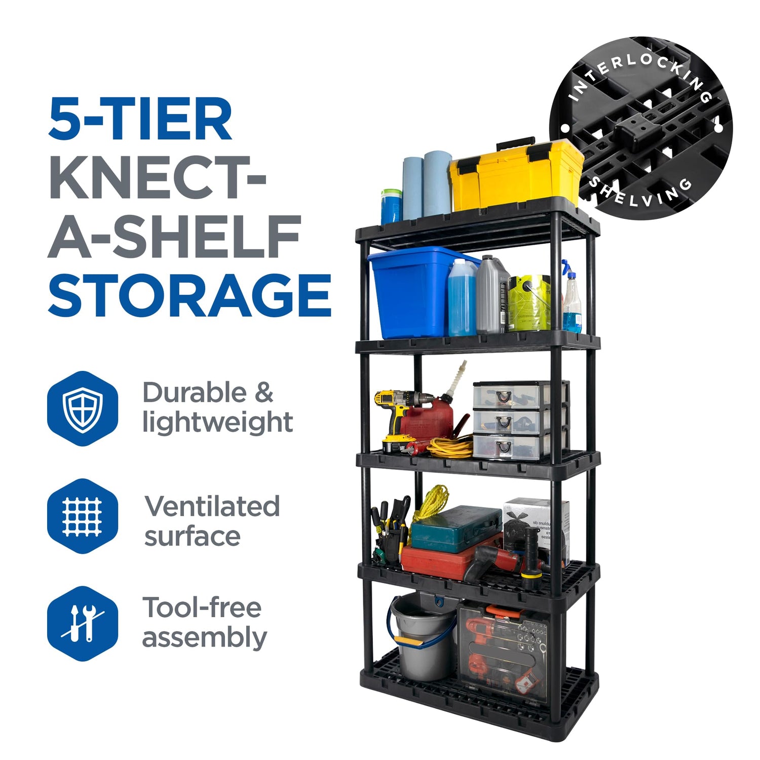 Gracious Living Knect-A-Shelf 5 Tier Ventilated Heavy Duty Shelving Storage Unit Organizer System for Home, Garage and Basement, Black Gracious Living