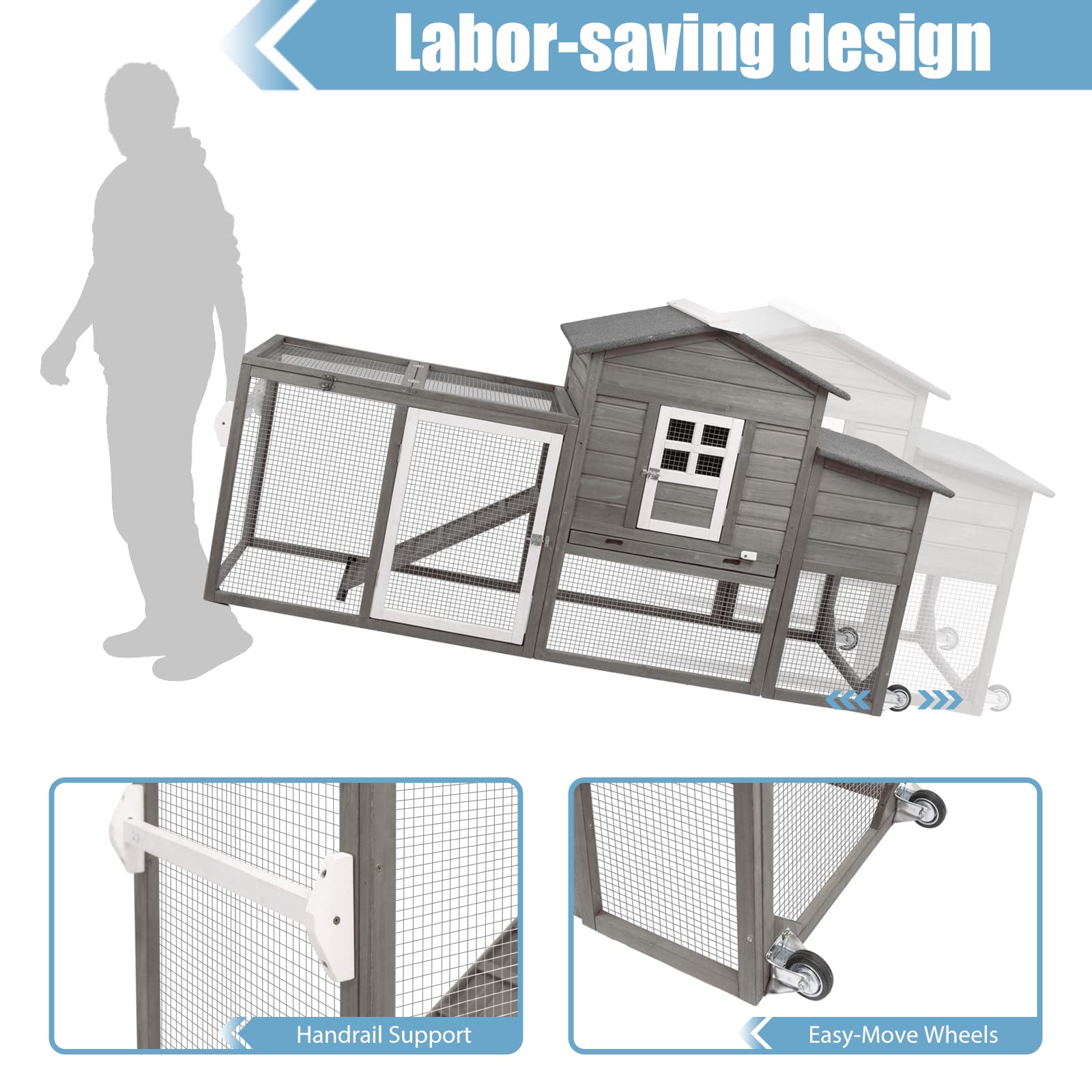 PetsCosset 79" Wooden Chicken Coop Rabbit Cage with Nesting Box, Waterproof Roof, Removable Tray, Combinable - WoodArtSupply